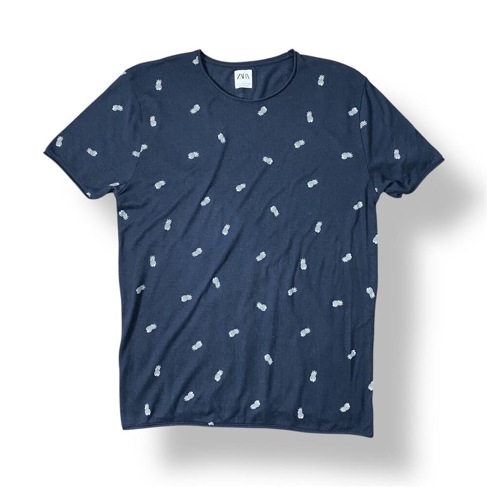 Zara Pineapple Print Short Sleeve T-Shirt Men’s Size Large Navy White